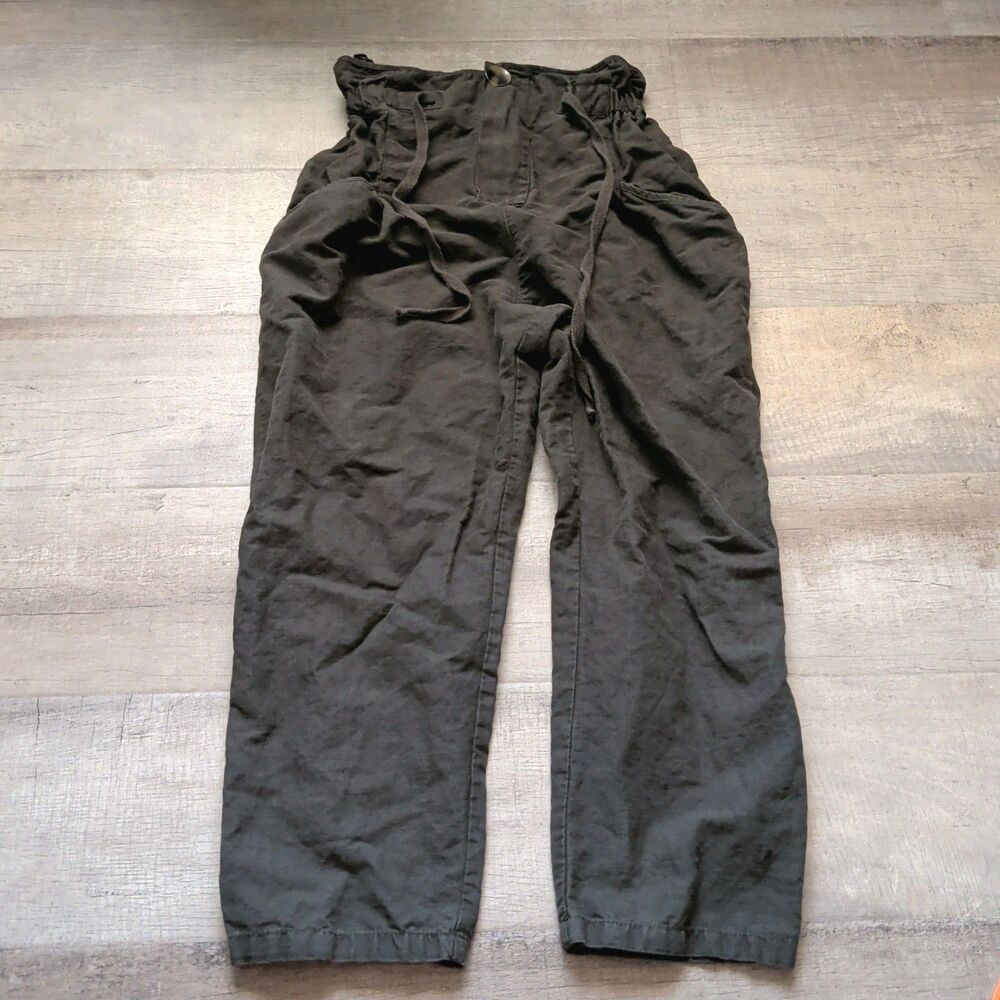 ​Zara Woman Paperbag Waist Pants Medium Dark Olive Green Drawstring Cropped